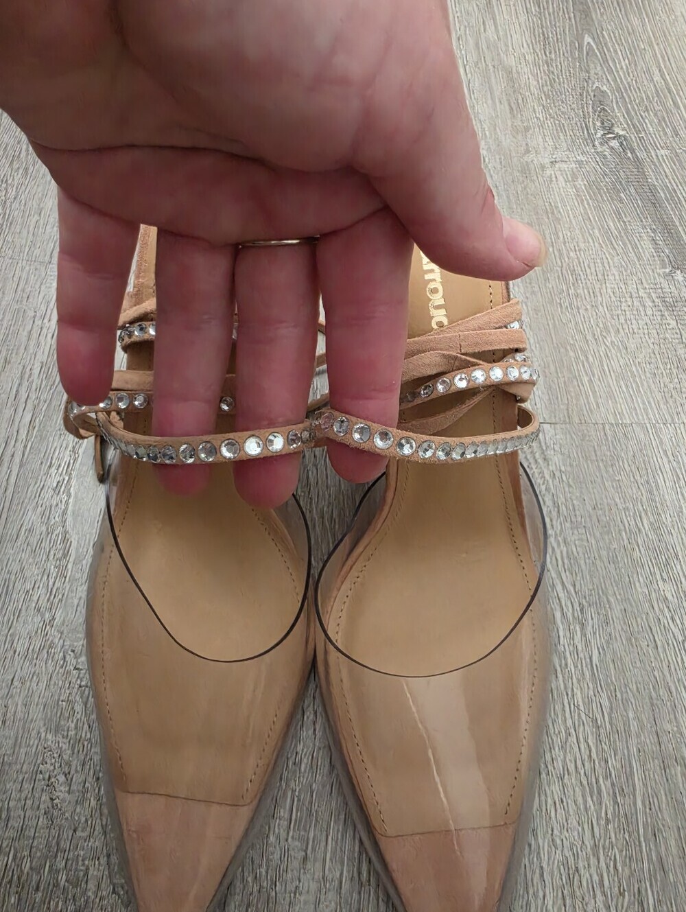 Larroude The Kim Gemstone Lace-Up Pointed Toe Heels in Clear/Tan/Silver Sz 7 - Picture 9 of 11